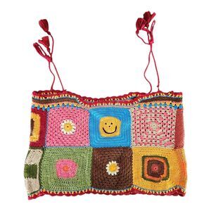 Earthbound Trading Co. Top L Crochet Granny Square Smiley Face Boho Festival